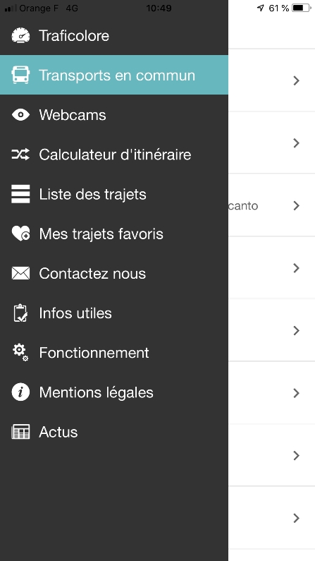 Le menu l'appli CAPA Move