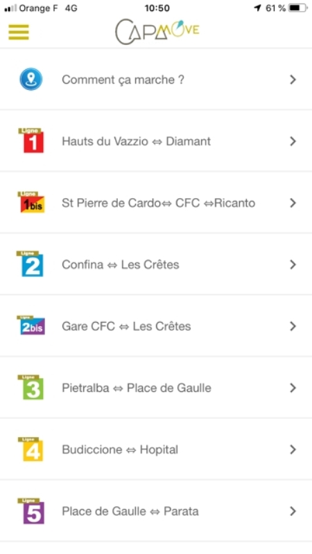Le menu l'appli CAPA Move